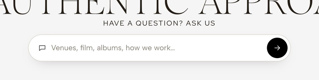 An inline search-style ask box on the home page with the placeholder Venues, film, albums, how we work