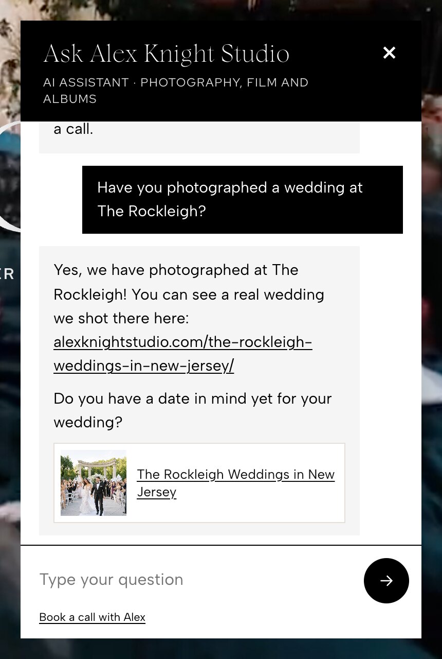 The chat panel on alexknightstudio.com answering a venue question, with a journal post shown as a photo card below the reply